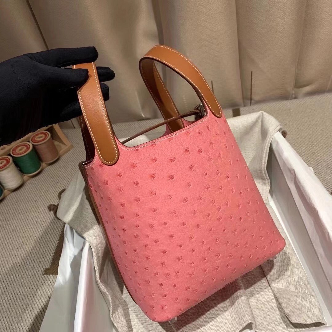 에르메스 피코탄 락18 핑크 골드브라운 은장 타조가죽